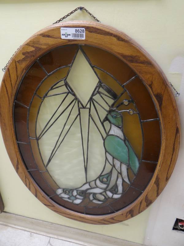 lot 8628 image: Large oak framed stained glass Peacock- Beautiful piece 24 x 32