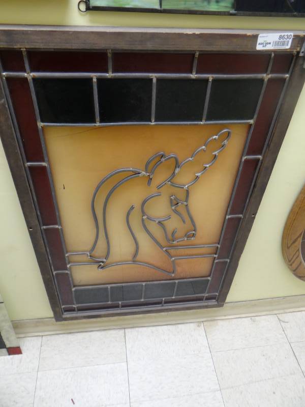 lot 8630 image: Large framed vintage stained glass Unicorn window- 23.5 x 36