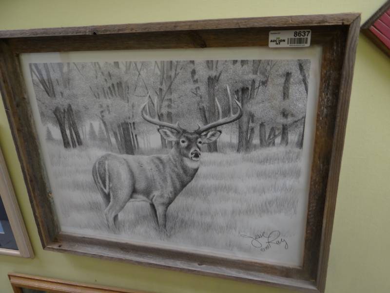 lot 8637 image: Barn wood framed Deer print- Jesse Ray- 27 x 21