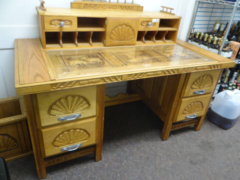 lot 8651 image: Beautiful custom made wood desk w wood Wildlife inserts & glass top