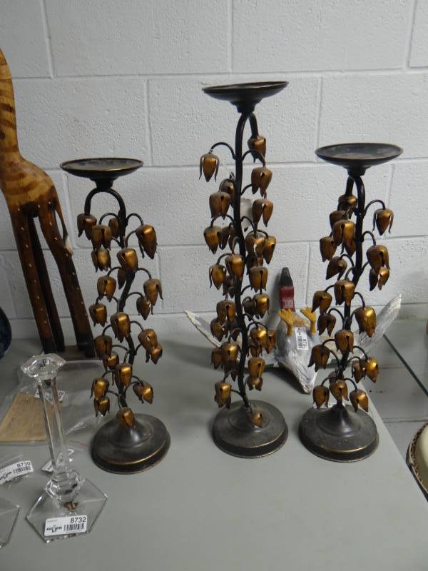 lot 8735 image: 3 pc set of candle holders- 22 tall & 25 tall