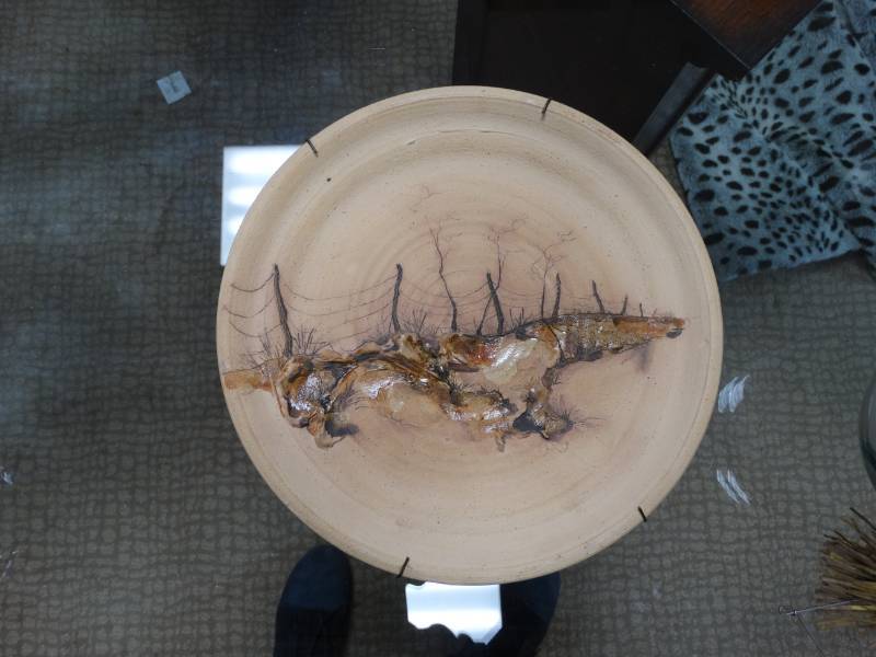lot 8751 image: Handmade pottery horse plate- Kansas artist-