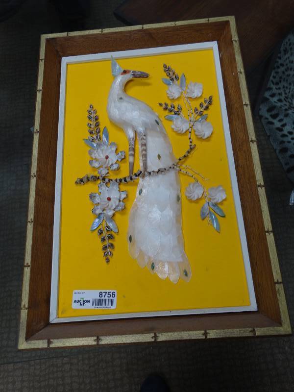 lot 8756 image: Framed peacock wall art- Made from shells