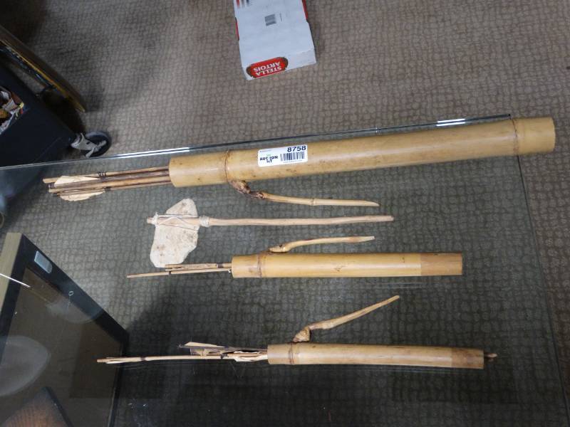 lot 8758 image: 3 old handmade quivers w arrows