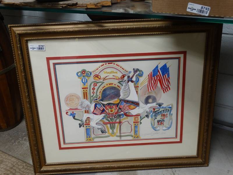 lot 8787 image: Large framed Wurlitzer organ print- Signed by artist- 34 x 28