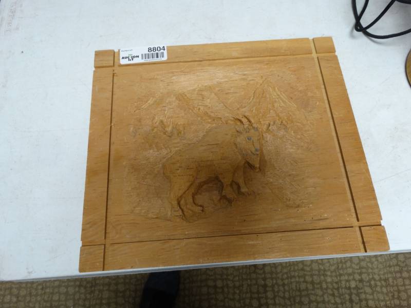 lot 8804 image: Carved wood panel- Mountain Goat