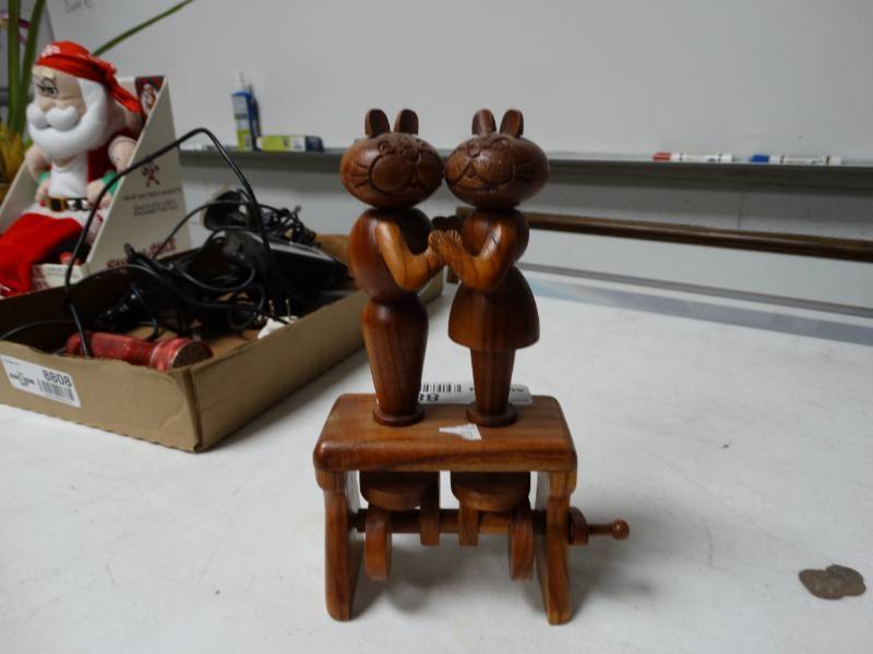 lot 8809 image: Wood handmade crank turn dancing cats