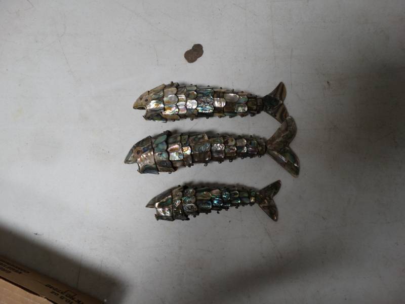 lot 8810 image: 3 Mid Century Abalone Shell Articulated Fish Bottle Openers, Vintage