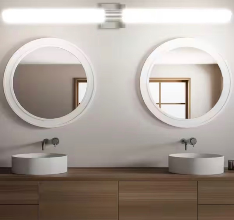lot 5 image: 48 in. Brushed Nickel Fixture 5 CCT 2700K-5000K Vanity One Light 38W 3000 Lumens Dimmable Damp Rated ETL Listed Retails $94