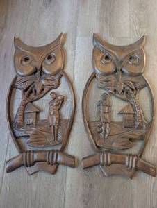 lot 1011 image: Pair of S.C. Vizcarra Carved Wooden Owl Wall Hangings  Philippine Handicrafts - 22 inches&nbsp