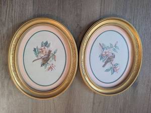 lot 1012 image: Framed Bird and Floral Print Lot of 2 Oval 10 x 12 inches