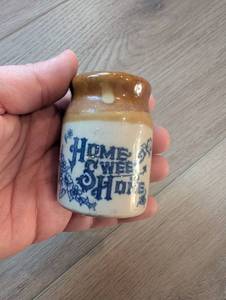 lot 1504 image: Vintage Home Sweet Home Blue Floral Stoneware-Style Salt &amp Pepper Shakers  Pair