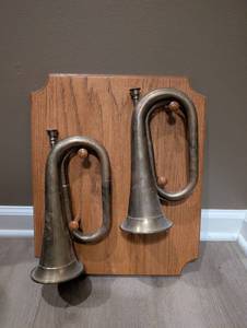 lot 2008 image: Pair of Jack Housman Inc. Brass Bugles Made in India with Wooden Wall Display