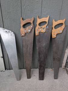 lot 3008 image: Vintage Hand Saws with Wooden Handles (2 Disston)  One Extra Blade - 4ct