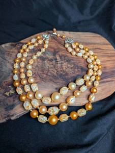lot 3506 image: Multi-strand Beaded Necklace with Gold and Patterned Beads