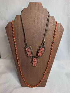 lot 3515 image: Two-Piece Necklace Set with Floral Pendants and Beaded Strands