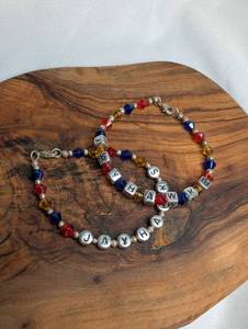 lot 3612 image: Handmade Kansas University Jayhawks Beaded Bracelets with Letter Charms, Red Blue Gold Crystals, Set of 2