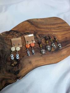 lot 3616 image: Sports Themed Drop Earrings Lot 4 Pairs Basketball Volleyball Soccer Cheerleading