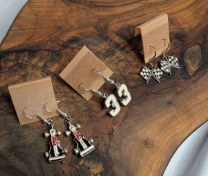 lot 3723 image: 3 Pairs Assorted Dangle Earrings Checkered Race Flag, #3, Racecar - Handmade