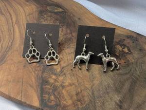 lot 3732 image: Handmade 2 Pair Dangle Earrings Paw Print Dog Charm (greyhound)