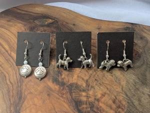 lot 3737 image: Handmade Dog-Themed Dangle Earrings Lot, 3 Pairs, Paw Print and Dog Charms
