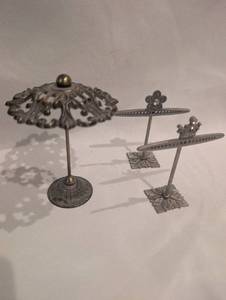 lot 4012 image: Decorative Metal Jewelry Stands with Ornamental Tops 3-Piece Lot