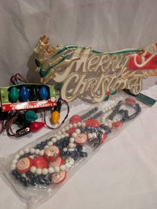 lot 6001 image: Vintage Christmas lot Glass Bulbs, Plastic Sign, Wooden Bead Garland&nbsp