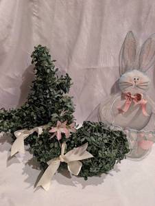 lot 6005 image: Easter Decorative Bunny Figure with Topiary Arrangements and Pink Bows