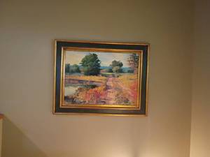 lot 921 image: Framed Wall Decor.   Very Large.  Winner will need to bring a ladder for removal.  Located on first landing in stairway.