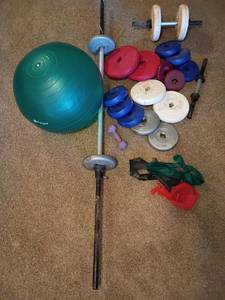 lot 934 image: Weights, Bars, Yoga Ball and Resistance Bands. Located in basement