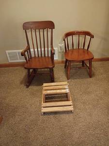lot 936 image: 2 Childrens Chairs and Step Stool that can be chair too. One is a rocker.   Located in basement