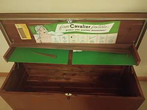 lot 958 image: Vintage Cavalier Cedar Chest.   Drawer inside needs repair, looks like all the pieces are there.  19 x 45 x 18.  Located in basement