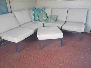 lot 994 image: Outdoor Patio Furniture.   Each chair is 32 x 24 x 25. Total length 78in. Each.  Ottoman is 16 x 25 x 25