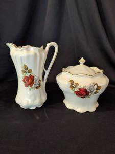 lot 1001 image: House of Webster Porcelain Pitcher and Covered Sugar Bowl Set Red Rose Floral Decoration