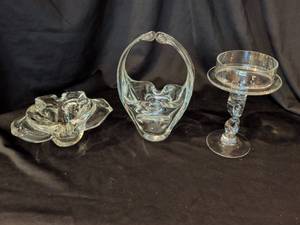 lot 1011 image: Vintage Cigar Murano Glass Butterfly Ashtraydish, Murano bowl basket and glass candlestick