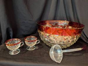 lot 1014 image: Vintage Indiana glass cranberry Whitehall punch bowl with 12 cups and ladle