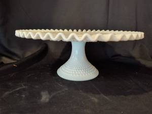 lot 1018 image: Fenton Milk Glass Pedestal Cake Stand with Scalloped Edge and Hobnail Detail