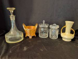 lot 1021 image: Vintage glass and Ceramic Lot Decanter, Carnival Glass, crystal and misc