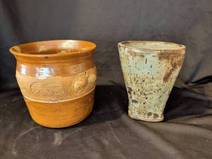 lot 1022 image: Two Ceramic Vessels with Carved Decoration and Painted Glaze largest is 7in