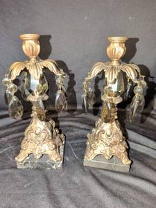 lot 1027 image: Pair of 12in metal Ornate Candlesticks with Crystal Prisms and Marble Bases