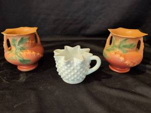 lot 1028 image: Roseville Pottery 2-Piece Lot and Hobnail milk glass Creamer. Please note pictures