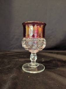 lot 1030 image: Qty 12 Kings Crown (Thumbprint) Ruby Flashed Cordial glasses