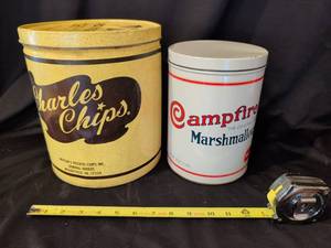lot 1033 image: Charles Chips Potato Chip Tin and Campfire Marshmallow Container Lot