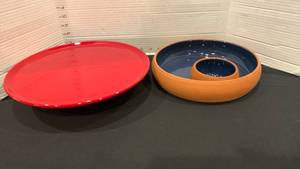 lot 1132 image: Cake plate with pedestal and chip and dip bowl
