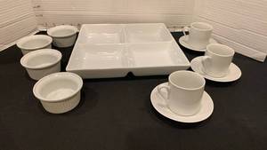 lot 1134 image: Square plate partitioned, ramekins and demitass cups