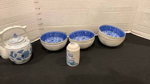 lot 1136 image: Blue and White Ceramic mini  Tea pot, Bowls, Salt Shaker