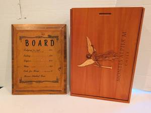 lot 1202 image: Wood Wall Sign and Montessori Chile wine box