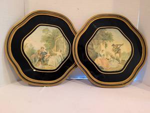 lot 1204 image: Pair of Framed Pastoral Scenes Gold Trim Black Matte 15x14.5