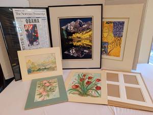 lot 1212 image: Lot of Framed Art and Prints Watercolor Flowers, Landscape, Mountain Lake, Abstract