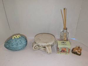 lot 1225 image: Decorative Home Accent Lot Egg Bowl, Pedestal, Reed Diffuser, Miniature